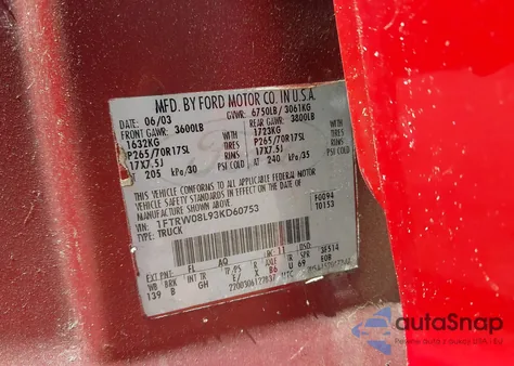 2003 Ford F-150 Lariat/Xlt from USA, damaged, VIN 1FTRW08L93KD60753